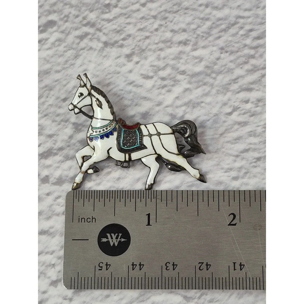 Vintage Siam Silver Enamel White Horse Equestrian Brooch Pin Sterling Silver